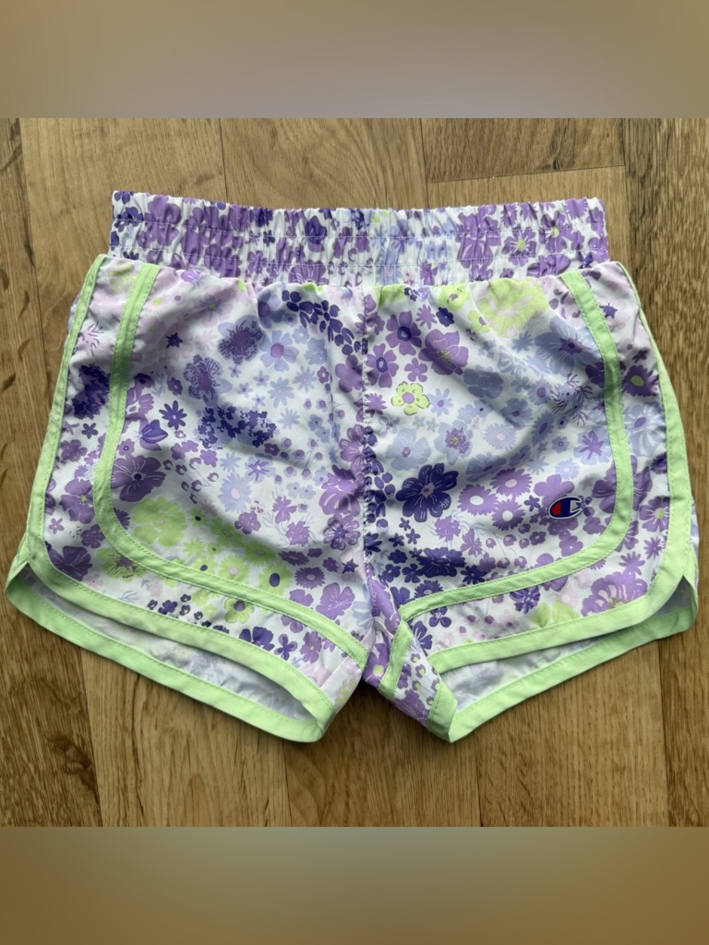 Champion Floral Elastic-Waist Shorts in Lavender and Lime
